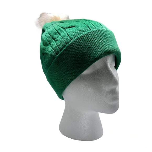Talbots | Women | Solid Green Cable Knit Pom Pom Beanie Hat One Size - Picture 3 of 8